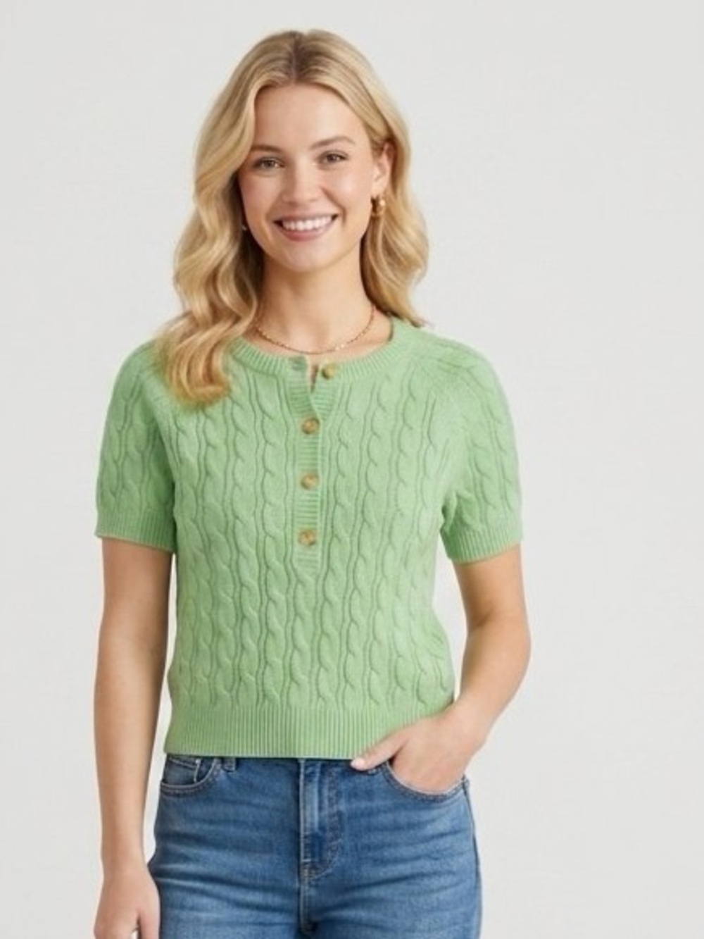 J.Crew 100% Cashmere Cable-Knit Short Sleeve Henley Sweater Green Small EUC
